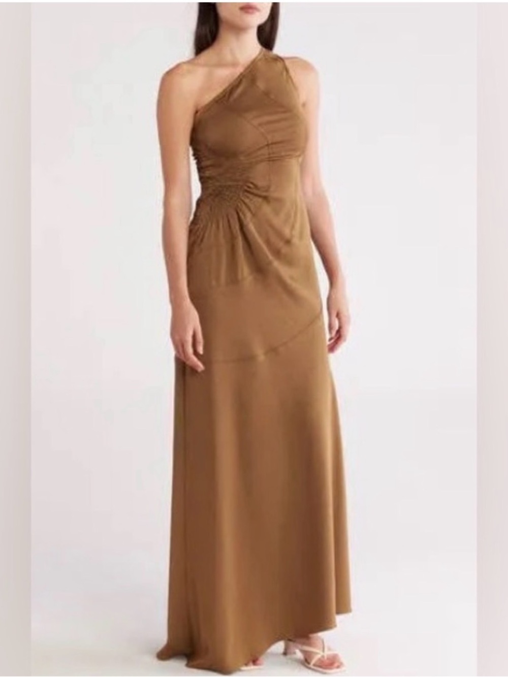 A.L.C. NWT One Shoulder Satin Maxi Dress Olive Brown Ruched Wedding Guest